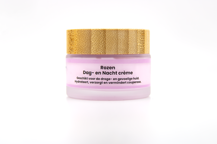Rozen dag- en nachtcrème – natuurlijke gezichtscrème met rozenextract tegen roodheid, couperose en voor een zachte huid.