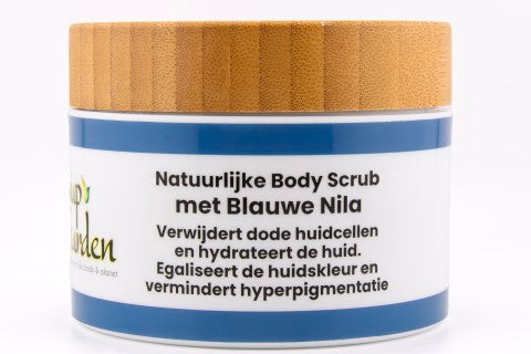 Natuurlijke scrub met Marokkaanse blauwe nila – verhelderend, kalmerend en perfect voor een egale huid