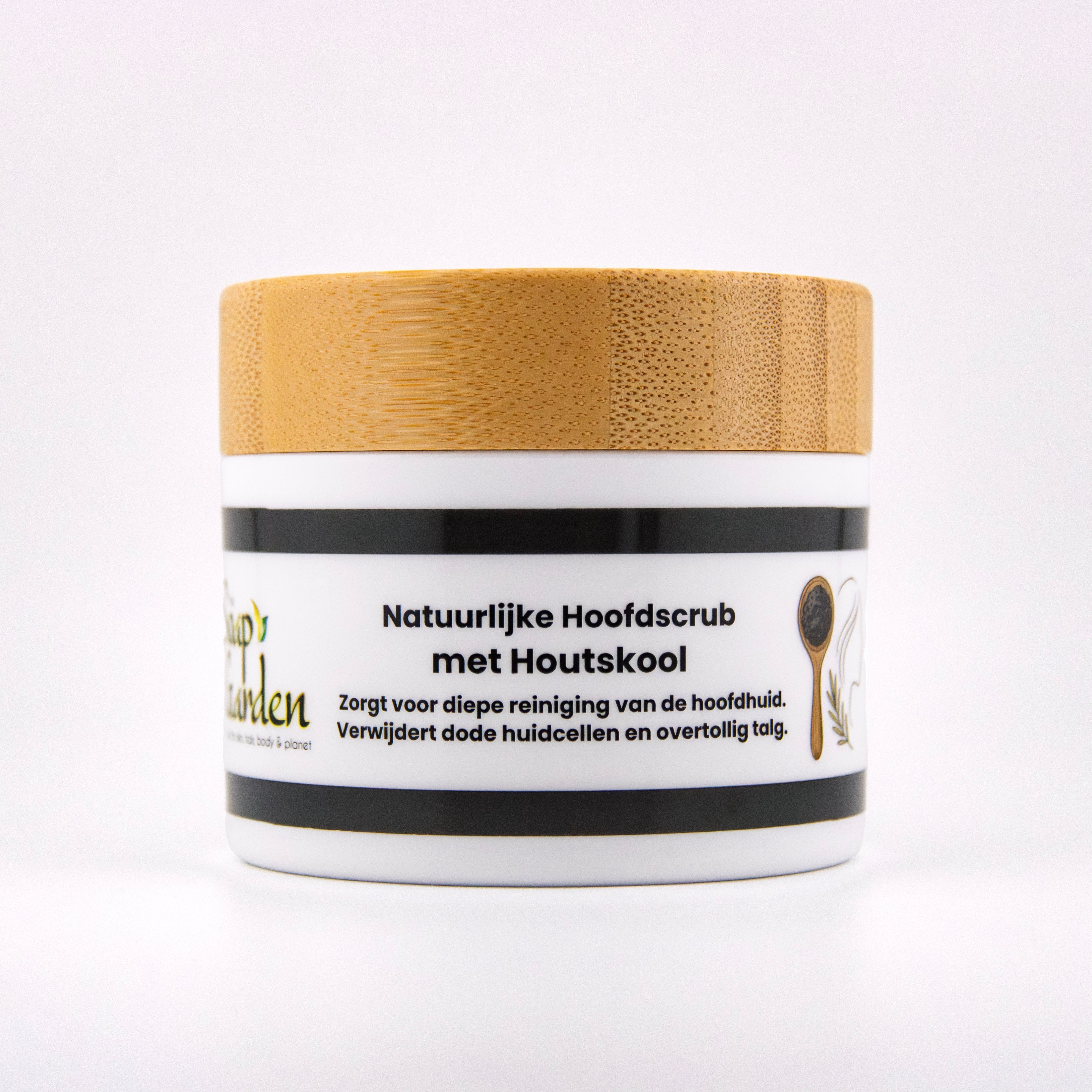 Reinigende hoofdscrub met actieve houtskool – zuivert de hoofdhuid en verwijdert productresten op natuurlijke wijze