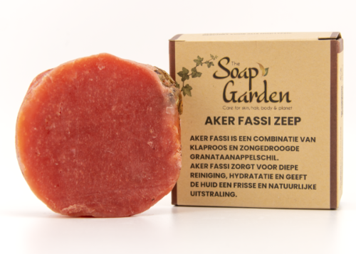 Aker Fassi zeep – natuurlijke handgemaakte zeep met granaatappel en rozenblaadjes voor een stralende huid.