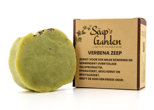 Verbena zeep – natuurlijke handgemaakte zeep met citroenverbena voor een frisse, zachte huid". 